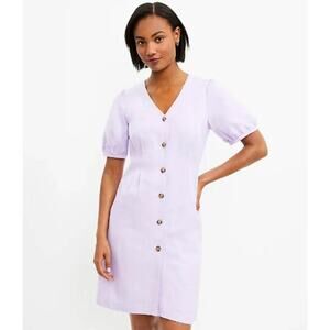 NWOT LOFT linen puff shoulder dress button front in Orchid Flash fairycore